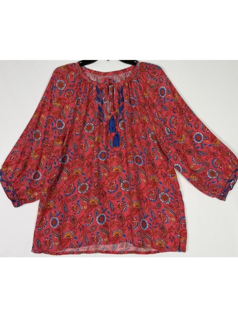 Karyn Seo Peasant Blouse Large Floral Tassel Tunic Top Pink Blue Boho Festival